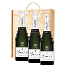 Buy & Send Lanson Le White Label Sec Champagne 75cl Treble Pine Wooden Gift Boxed (3x75cl)