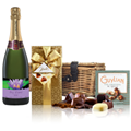 Buy & Send Personalised Champagne - Purple Flower Label And Chocolates Hamper